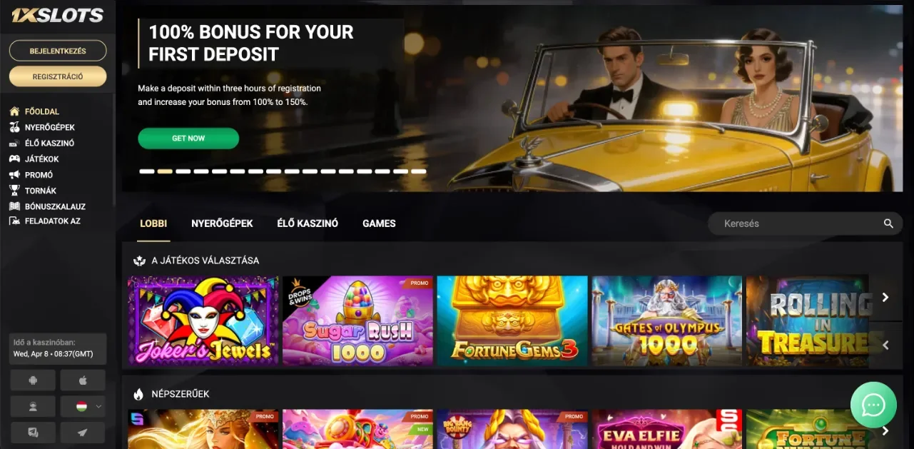 1xSlots kezdőképernyő magyarul — 100% első befizetéses bónusz banner (három órán belül 150%-ra emelhető) art déco autó illusztrációval és GET NOW gombbal, oldalsáv Bejelentkezés / Regisztráció gombokkal és Főoldal / Nyerőgépek / Élő kaszinó menüpontokkal, LOBBI fülek és „A játékos választása” játékválogatás — sötét felület arany keretekkel (szerkesztőségi képernyőkép a teljes 1xSlots audit-hoz).