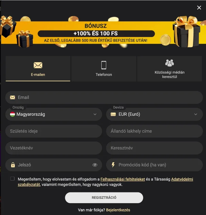 1xSlots regisztrációs űrlap képernyőképe magyar nyelven: felül arany ajándékdobozos BÓNUSZ szalag „+100% ÉS 100 FS az első, legalább 500 RUB értékű befizetése után