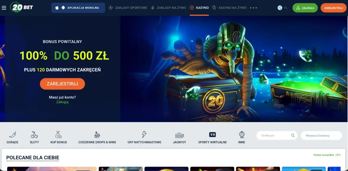 Zrzut ekranu polskiej wersji 20Bet Casino (nr 7 w rankingu Kaszinok24): zielono-biale logo 20BET z banerem APLIKACJA MOBILNA, zakladki ZAKLADY SPORTOWE, ZAKLADY NA ZYWO, KASYNO (aktywna) i KASYNO NA ZYWO oraz przyciski ZALOGUJ i ZAREJESTRUJ, baner BONUS POWITALNY 100% DO 500 ZL PLUS 120 DARMOWYCH ZAKRECEN z pomaranczowym przyciskiem ZAREJESTRUJ i linkiem Masz juz konto? Zaloguj, grafika egipskiej mumii z neonowo zielonymi oczami i skrzyni przy jeziorze, pasek kategorii GORACE, SLOTY, KUP BONUS, CODZIENNE DROPS & WINS, GRY NATYCHMIASTOWE, JACKPOT, SPORTY WIRTUALNE i INNE, pola Szukaj gry i Wszyscy Dostawcy, naglowek POLECANE DLA CIEBIE (47) i kafelki gier (zrzut redakcyjny, 2026).
