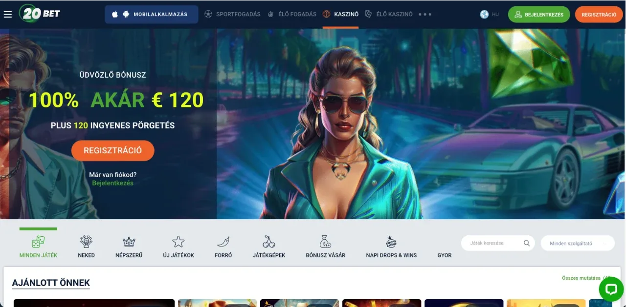 20Bet Casino főoldal képernyőkép: Kaszinó szekció 100% akár €120 üdvözlő bónusz banner, kategória ikonsor, játék miniatűrök, sötétkék-lila UI (valódi képernyőkép, 2026).