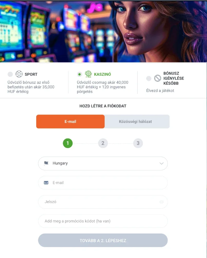 20Bet regisztrációs űrlap képernyőkép: felül SPORT / KASZINÓ / BÓNUSZ IGÉNYLÉSE KÉSŐBB fülek, alatta „Hozd létre a fiókodat
