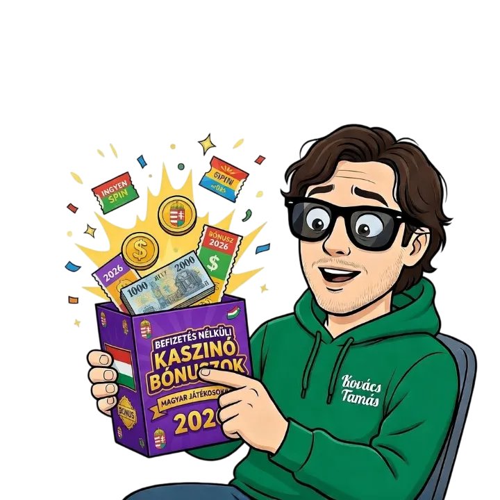 Kaszinók24 no-deposit hub fejlécgrafika: Kovács Tamás stilizált figurája zöld kapucnis pulóverben és szemüvegben egy lila ajándékdoboz felé mutat; a dobozon „Befizetés nélküli kaszinó bónuszok, magyar játékosoknak, 2026” felirat, mellette magyar zászló, körülötte aranyérmék, bankjegyek és „ingyen spin” jegyek konfettivel, szerkesztőségi vektorillusztráció, 2026.