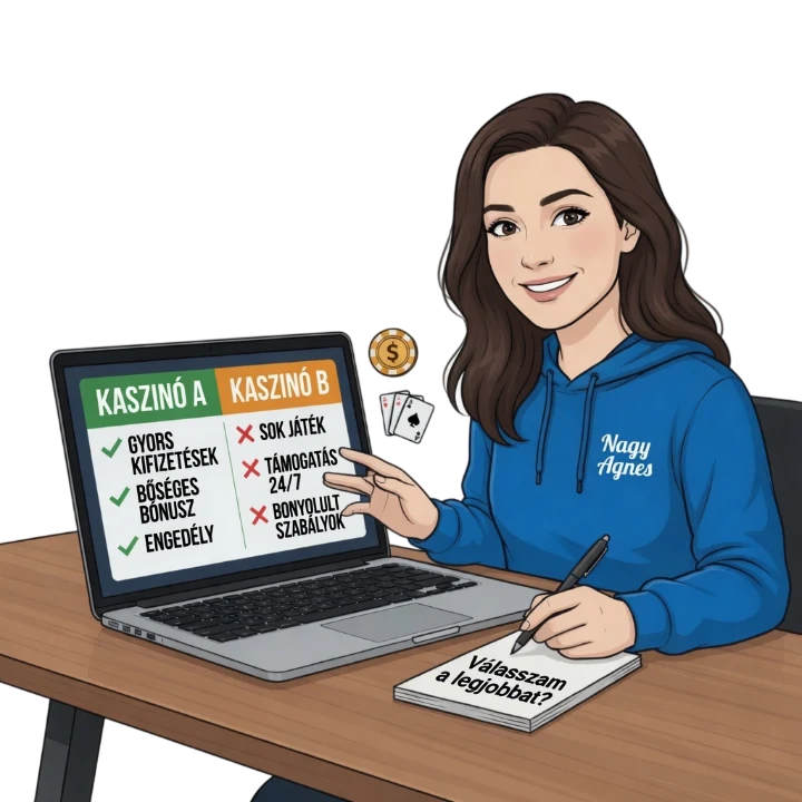 Nagy Ágnes kék kapucnis pulóverben mosolyogva mutat egy laptopra, a képernyőn Kaszinó A és Kaszinó B összehasonlítása zöld pipákkal és piros X-ekkel, az asztalon jegyzetfüzet, a laptop felett aranyérme és kártyalapok, vektorillusztráció.