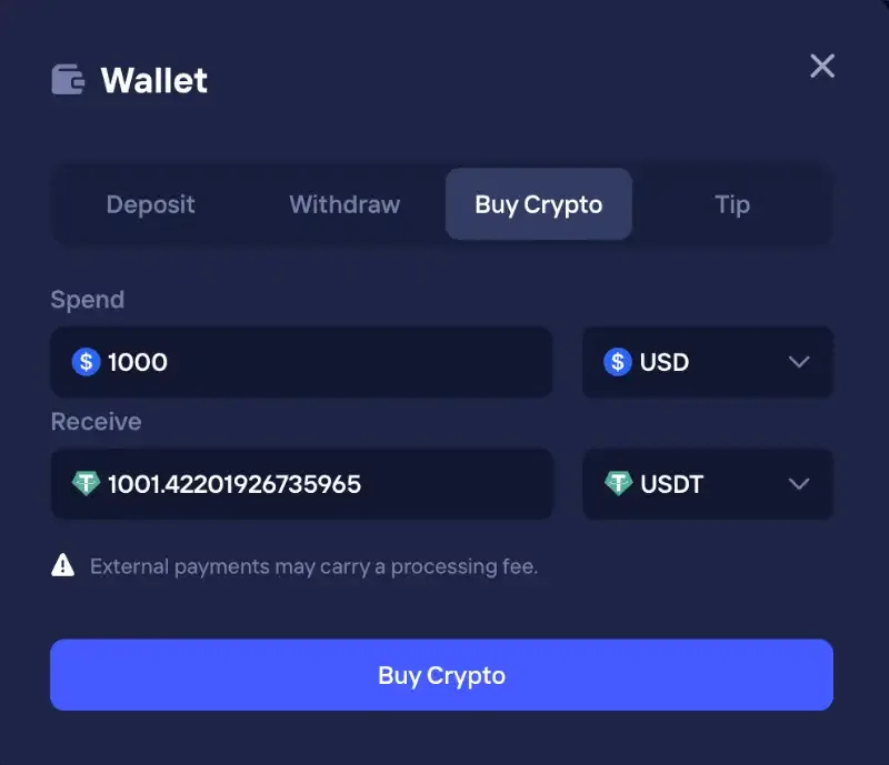 Képernyőkép a Duel pénztárcájáról, Buy Crypto fül: Spend mező 1000 USD és Receive mező USDT-ben, Buy Crypto gomb (beépített fiat on-ramp).