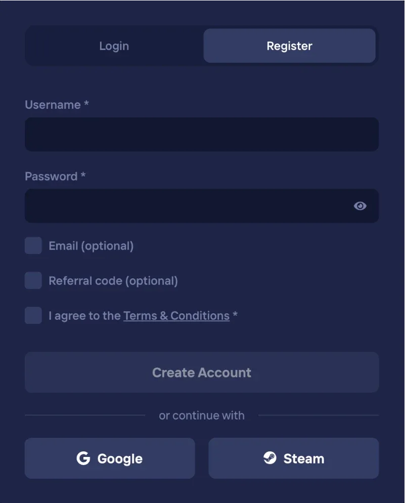Duel Casino regisztrációs űrlap képernyőkép: Login / Register fülváltó, Register aktív, Username és Password kötelező mezők (jelszó láthatóság ikonnal), Email (optional) és Referral code (optional) jelölőnégyzetes opciók, „I agree to the Terms & Conditions