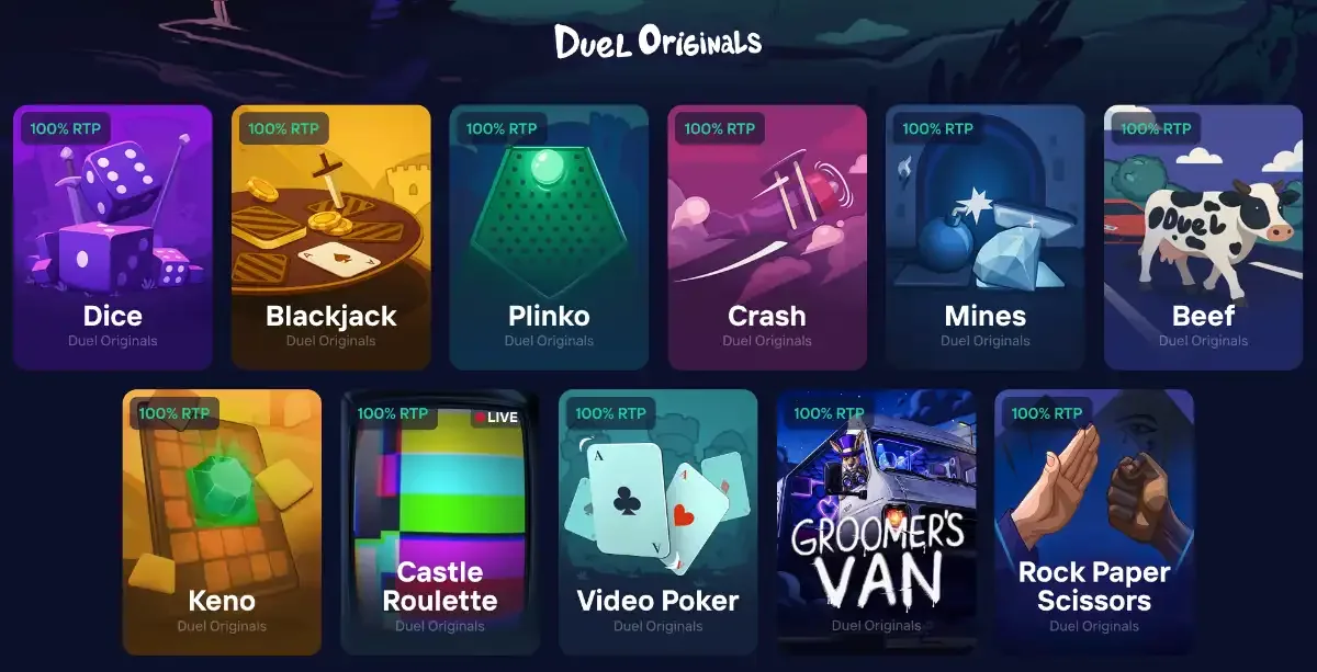 Képernyőkép a Duel Originals szekcióról: Dice, Blackjack, Plinko, Crash, Mines, Beef, Keno, Castle Roulette, Video Poker, Groomer's Van és Rock Paper Scissors játékok, mindegyik 100% RTP jelvénnyel.