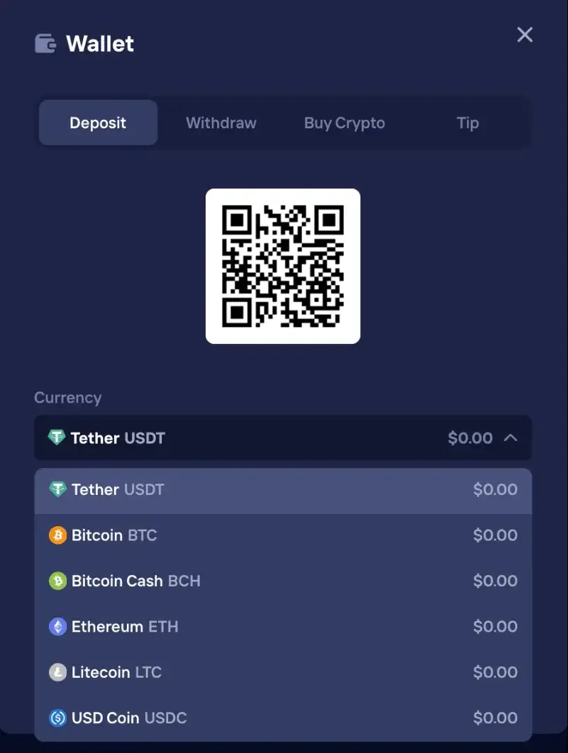 Képernyőkép a Duel pénztárcájáról, Deposit fül: a befizetési cím QR-kódja és a támogatott érmék listája, többek között USDT, Bitcoin, Bitcoin Cash, Ethereum, Litecoin és USD Coin.