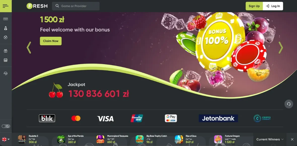 Zrzut ekranu polskiej wersji Fresh Casino (nr 2 w rankingu Kaszinok24): baner bonusu powitalnego "1500 zl Feel welcome with our bonus" z zolta moneta BONUS 100% i kolorowymi zetonami, limonkowe logo FRESH i lewy pasek ikon, animowana fala z jackpotem "Jackpot 130 836 601 zl", metody platnosci BLIK, Mastercard, VISA, UnionPay, GPay, Jetonbank i Crypto Currency, dolny pasek Current Winners z grami Roulette 3, Eye of the Panda, Mummyland Treasures, Big Bass Trophy Catch, Rise of Zeus, Fortune Dragon i kwotami wygranych (zrzut redakcyjny, 2026).