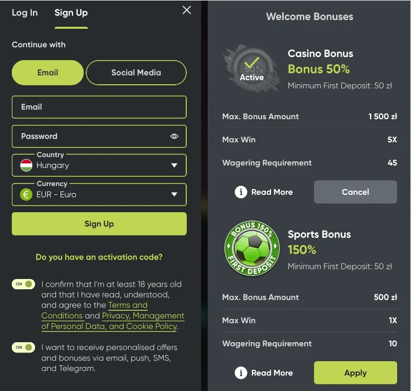 Fresh Casino regisztrációs űrlap és üdvözlő bónuszok képernyőképe: bal oldalon a Sign Up panel e-mail, jelszó, ország (Hungary) és pénznem (EUR) mezőkkel, 18+ és adatvédelmi jóváhagyás kapcsolókkal; jobb oldalon a Welcome Bonuses szekció Casino Bonus 50% (max 1 500 zł, x45 wagering) Active státusszal és Sports Bonus 150% (max 500 zł, x10 wagering) Apply gombbal, sötét felület zöld kiemelésekkel (valódi képernyőkép, 2026).