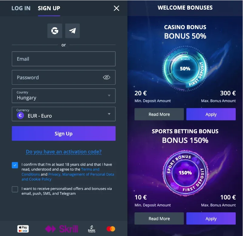 Jet Casino regisztrációs űrlap és üdvözlő bónuszok képernyőképe: bal oldalon a Sign Up panel Google és Telegram gyorsbejelentkezéssel, Email és Password mezőkkel, Country (Hungary) és Currency (EUR - Euro) választóval, 18+ jóváhagyás jelölőnégyzettel, lila Sign Up gombbal, alul Apple Pay, Visa, Skrill, Bank és Mastercard fizetési logók; jobb oldalon Welcome Bonuses - Casino Bonus 50% (min. €20, max. €300) és Sports Betting Bonus 150% (min. €10, max. €100) Apply gombokkal, kozmikus lila-kék felület (valódi képernyőkép, 2026).