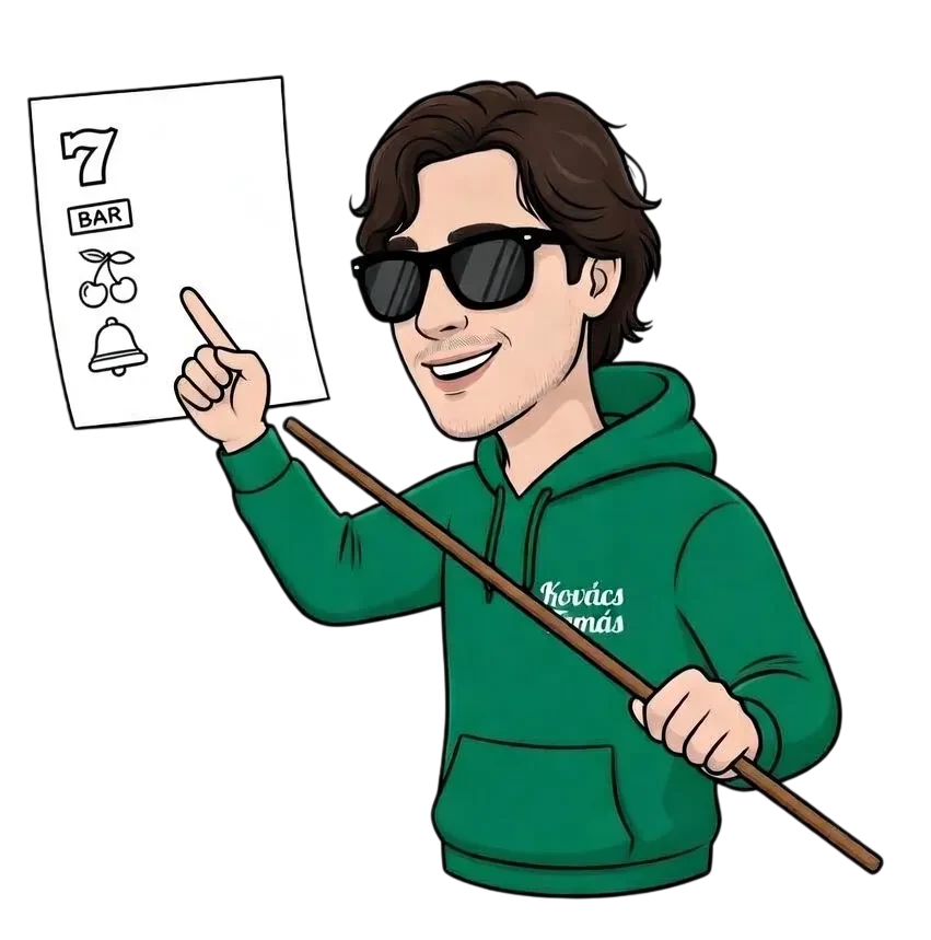 Kovács Tamás, a Kaszinók24 főszerkesztője illusztrációban mutatópálcával egy laphoz mutat, amelyen klasszikus nyerőgép-szimbólumok sorakoznak: hét, BAR, cseresznye és csengő, vizuális összefoglaló a hét szigorú értékelési kategóriánkról és arról, hogy egyetlen gyenge pont is kizárja a toplistára kerülést.