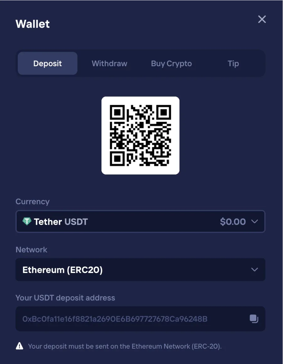 Zrzut ekranu wplaty krypto w kasynie: portfel USDT Tether, siec Ethereum ERC-20, kod QR i adres do skopiowania, 2026