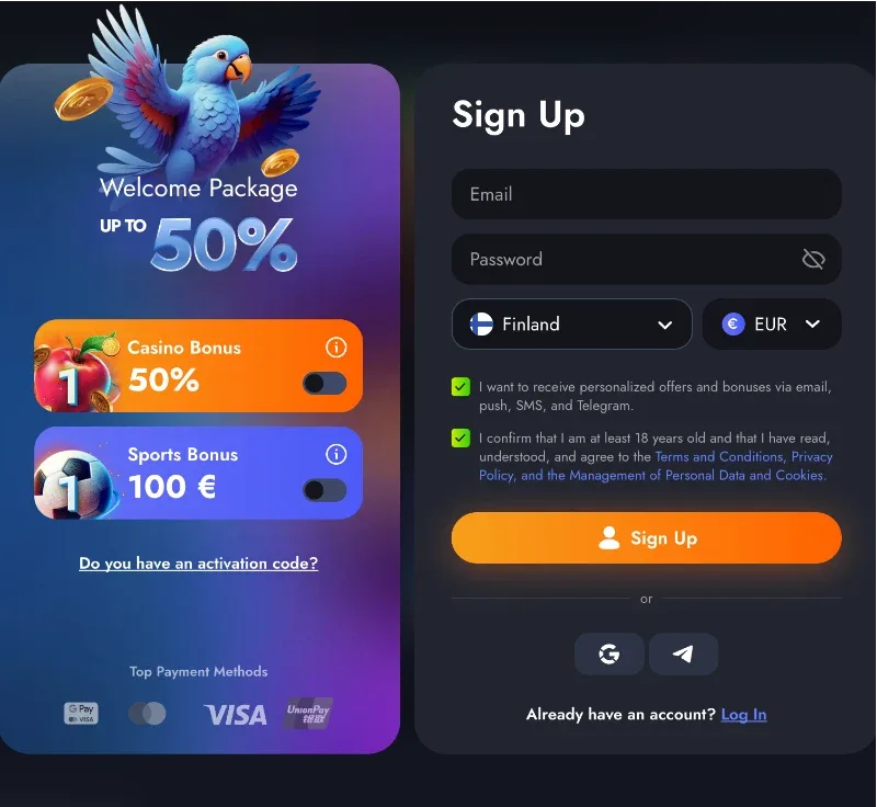 Martin Casino regisztrációs űrlap és Welcome Package képernyőkép: bal oldalon sötétkék háttéren kék papagáj illusztráció, Welcome Package UP TO 50% felirat, Casino Bonus 50% és Sports Bonus 100 € kártyák narancssárga-lila gradienssel, „Do you have an activation code?