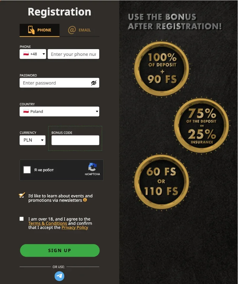 Play Fortuna regisztrációs űrlap és bónuszok képernyőképe: bal oldalon Registration panel Phone/Email fülekkel, telefonszám (+48) és jelszó mezőkkel, Country (Poland) és Currency (PLN) választóval, Bonus Code mezővel, reCAPTCHA ellenőrzéssel, 18+ és Terms & Conditions jóváhagyással, zöld SIGN UP gombbal, alul Telegram gyorsbejelentkezés; jobb oldalon „USE THE BONUS AFTER REGISTRATION