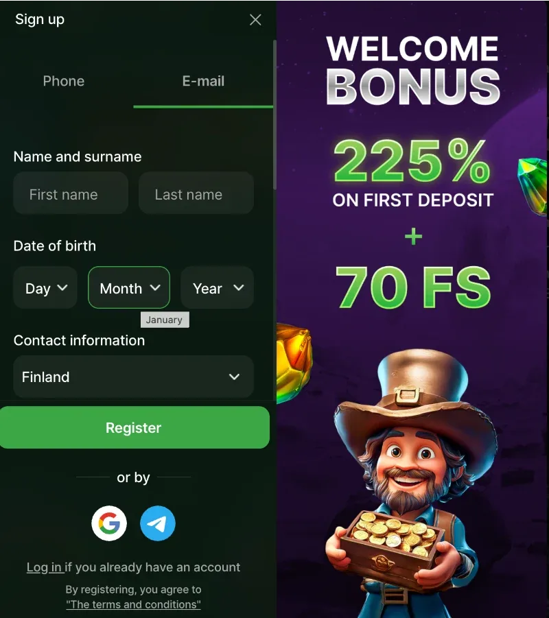 Riobet Casino regisztrációs űrlap és üdvözlő bónusz képernyőkép: bal oldalon Sign up panel Phone/E-mail fülekkel, Name and surname (First name, Last name) mezők, Date of birth (Day, Month, Year) választók, Contact information Finland ország választó, zöld Register gomb, Google és Telegram regisztráció ikonok, „Log in if you already have an account
