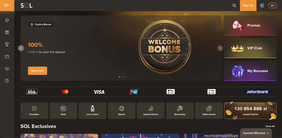 Zrzut ekranu polskiej wersji Sol Casino (nr 3 w rankingu Kaszinok24): baner Welcome Bonus 100% 1 500 zl for your first deposit z przyciskiem Step Inside, pomarancowe logo SOL z symbolem slonca, prawy panel kategorii Promos, VIP Club i My Bonuses, pasek platnosci BLIK, Mastercard, VISA, UnionPay, Apple Pay, G Pay i Jetonbank, licznik Jackpot Games 130 854 888 zl oraz kafelki kategorii Providers, Slots, Live Casino, Sports, Instant Games, Bonus Buy i Table Games, na dole sekcja SOL Exclusives (zrzut redakcyjny, 2026).