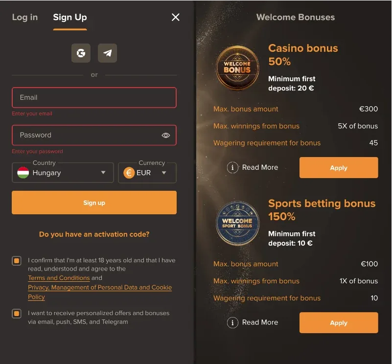 Sol Casino regisztrációs űrlap és üdvözlő bónuszok képernyőképe: bal oldalon a Sign Up panel Google és Telegram gyorsbejelentkezéssel, e-mail és jelszó mezőkkel, ország (Hungary) és pénznem (EUR) választóval, 18+ jóváhagyás kapcsolóval; jobb oldalon Welcome Bonuses szekció Casino bonus 50% (max €300, x45 wagering, min. deposit €20) és Sports betting bonus 150% (max €100, x10 wagering, min. deposit €10) Apply gombokkal, sötét felület narancs kiemelésekkel (valódi képernyőkép, 2026).