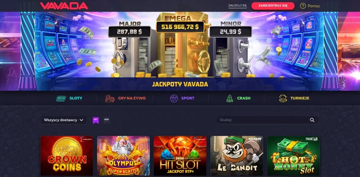 Zrzut ekranu polskiej wersji Vavada (nr 4 w rankingu Kaszinok24): czerwone logo VAVADA z przyciskami ZALOGUJ SIE, ZAREJESTRUJ SIE i zakladka Pomoc, animowany baner JACKPOTY VAVADA z trzema pulami Major 287,88 $, MEGA 516 966,72 $ i MINOR 24,99 $ na tle sejfu i neonowych automatow, kolorowe filtry kategorii Sloty, Gry Na Zywo, Sport, Crash i Turnieje, wybor Wszyscy dostawcy i pole wyszukiwania Szukaj, rzad gier Crown Coins, Gates of Olympus Super Scatter, Hit Slot RTP+, Le Bandit i Hot Money Slot, ciemny motyw z rozowo-niebieska grafika (zrzut redakcyjny, 2026).