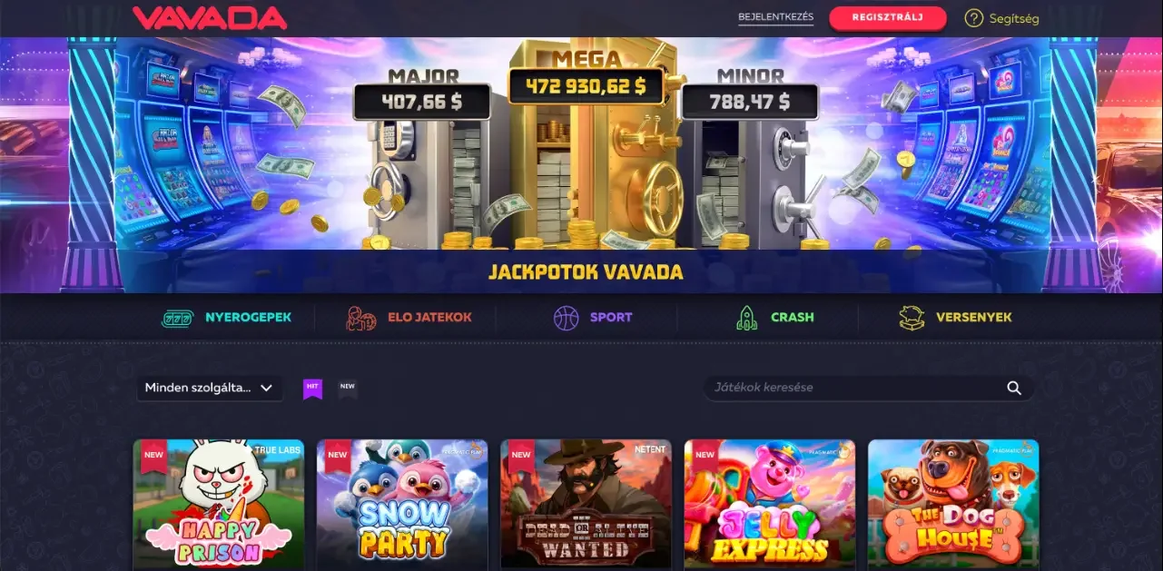 Vavada kezdőképernyő magyar felülettel — hármas jackpot széfek (Major, Mega, Minor) dollár összegekkel, „JACKPOTOK VAVADA” felirat, kategória ikonok (nyerőgépek, élő játékok, sport, crash, versenyek), népszerű slotok (Happy Prison, Dead or Alive II, The Dog House stb.), Bejelentkezés / Regisztrálj és Játékok keresése mező — sötét UI piros logóval (szerkesztőségi képernyőkép a teljes Vavada értékeléshez).